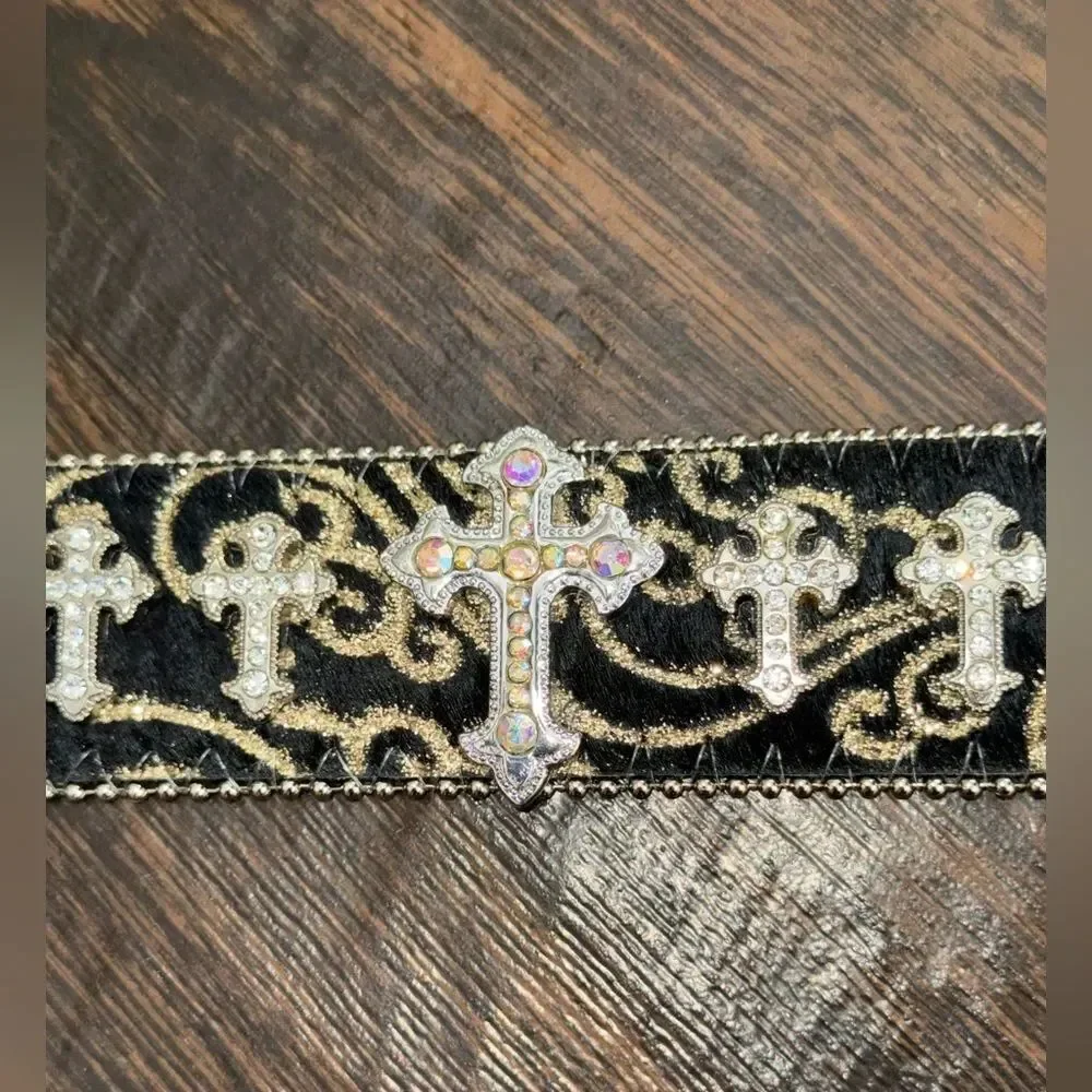 BHW Genuine Leather Cross Rhinestone Western Cowgirl Bling Belt Size large nwot